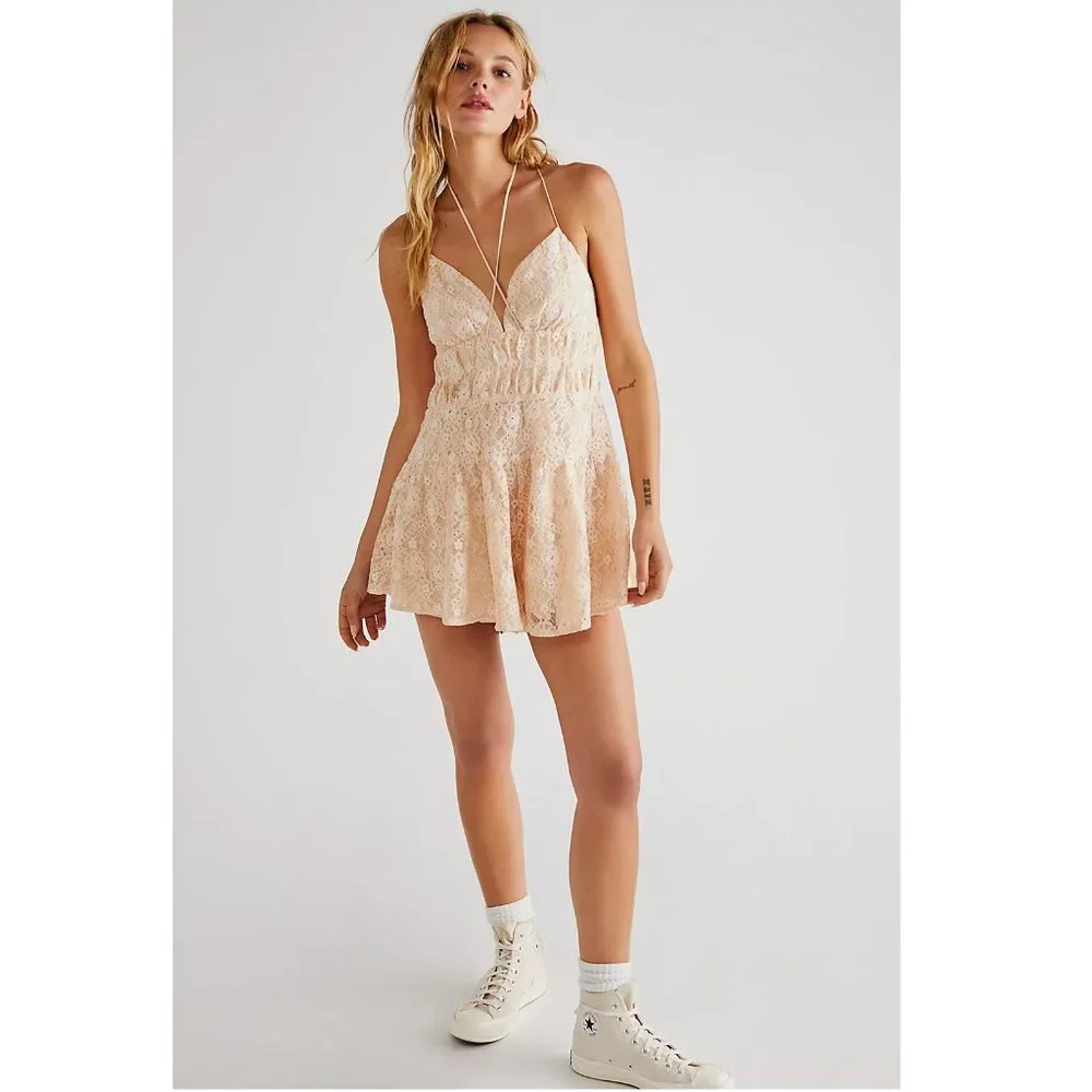 NEW Free People Lexi Strappy Lace Romper Cream Off White